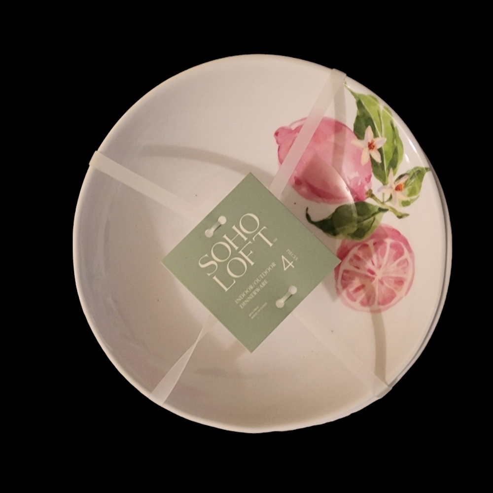 Soho Loft Flower Lemons  Pink Green Set of 4 Soup Salad Melamine Bowls Indoor